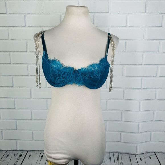 Beautiful Teal Blue Bra w/Rhinestone Fringe - Size Large - Picture 1 of 10